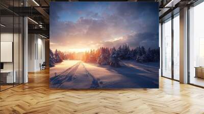 Snowy mountain range landscape, frozen environment with snow, 3d illustration Wall mural