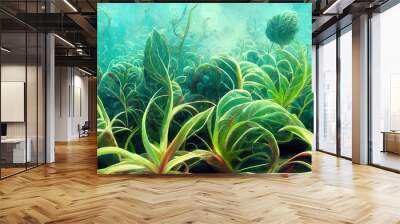 Water plants underwater, aquatic weeds in the aquarium, 3d illustration Wall mural