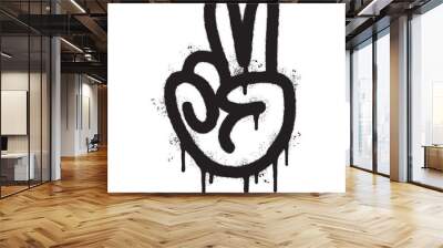 Spray Painted Graffiti Hand gesture V sign for victory icon Sprayed isolated with a white background. graffiti Hand gesture V sign for peace symbol with over spray in black over white. Wall mural