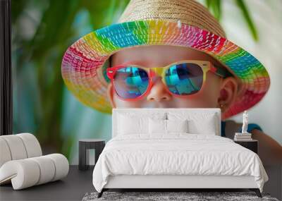 a baby sitting outdoors in colorful sunglasses and a hat smiling Wall mural