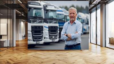 An older truck driver man standing next to trucks Wall mural