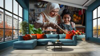 arabian grandmother and granddaughter cooking together in the kitchen Wall mural