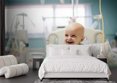 bald baby on bed in hospital, Genereative AI Wall mural