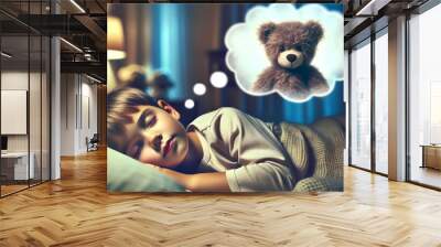 child boy sleeping in a bed and dreaming of a teddy bear Wall mural