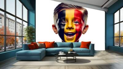 child boy soccer fun portrait with painted face of belgian flag isolated on transparent background Wall mural