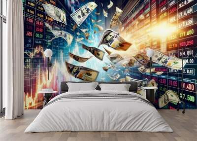 dollar banknotes flying on stock exchange background Wall mural