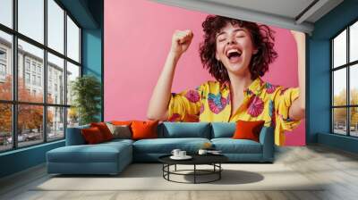 Excited Young Woman Celebrating Success Pink Background Wall mural