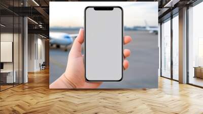 man hand hold white blank screen mobile phone in airport Wall mural