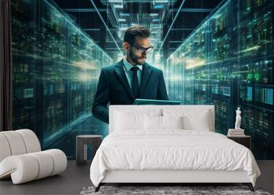 man in futuristic data center use laptop Wall mural