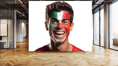 man soccer fun portrait with painted face of italian national flag isolated on transparent background Wall mural