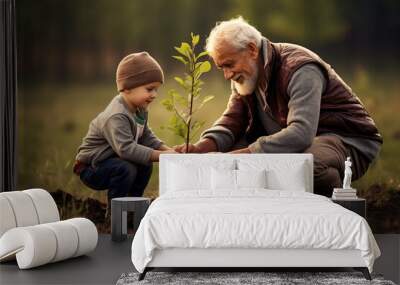 old man plant tree with child boy Wall mural