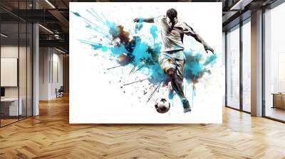 painting graphic of soccer player man kick ball and splash with colors isolated on white background Wall mural