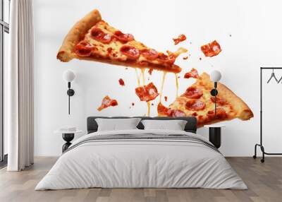 pieces of pizza flying isolated on transparent background Wall mural