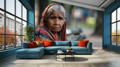 portrait of sad old woman sitting on a bench in a park Wall mural