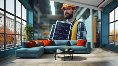 Professional Solar Technician Holding Solar Panels Indoor Industrial Environment Wall mural