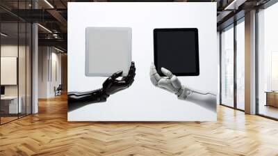 robot hands hold tablet pc on whitre Wall mural