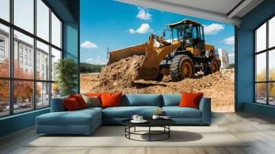 large yellow tractor at a construction site a bulldozer cleans the site with a bucket Wall mural