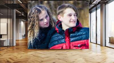 loving young couple in winter in park Wall mural