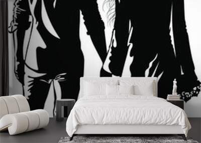 Black and white image of a guy and a girl walking hand by hand vector illustration Wall mural