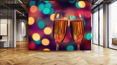 celebrate new years eve with two glasses of champagne against colorful blurred lights background, closeup, copyspace, photorealistic Wall mural