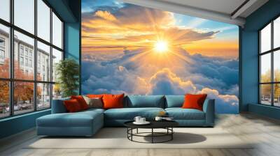 cloudscape with sunrise under blue sky, heavenly atmosphere, fluffy clouds with light rays in yellow and orange colors, photorealistic Wall mural