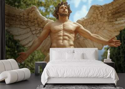 fantasy angel sculpture with spread arms and wings and trees around, zephyrus god of west wind, photorealistic Wall mural