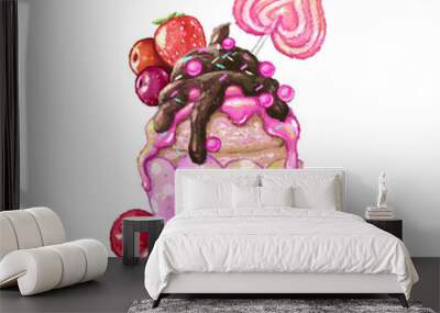 Cupcake strawberry with pink cream and chocolate illustration Wall mural