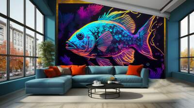 a Exotic fish on a neon light background in digital fluid art  Wall mural