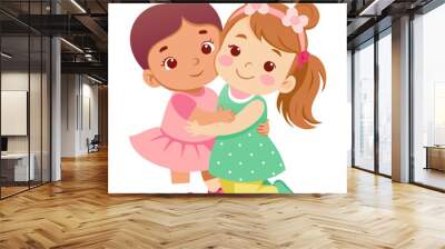 Two cartoon girls in colorful dresses smile and play together   Wall mural