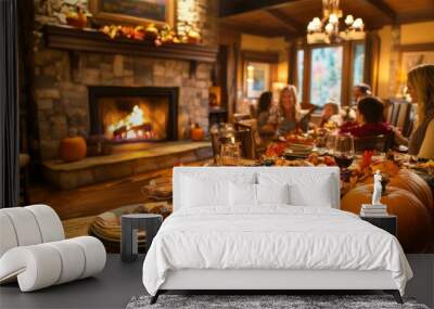 A cozy living room with a fireplace. A family gathers around a large table to celebrate Thanksgiving. The room is decorated with pumpkins, fall leaves, and warm colored lights. Wall mural