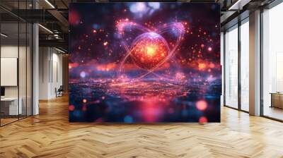 A futuristic depiction of an atomic structure with a glowing nucleus and electrons orbiting in a digital landscape Wall mural