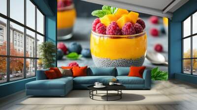 a vegan chia pudding layered with mango puree and topped with fresh berries, served in a clear glass jar with a small spoon, capturing the essence of a healthy dessert. Wall mural