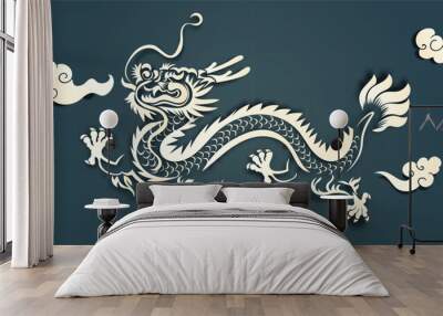 Chinese New Year 2024, the year of the Dragon, red and gold line art characters, simple hand-drawn Asian elements with craft (Chinese translation: Happy Chinese New Year 2024, year of the Dragon) Wall mural