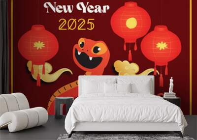 Chinese New Year 2025, the year of the snake, red and gold line art characters, simple hand-drawn Asian elements with craft (Chinese translation: Happy Chinese New Year 2025, year of the snake) Wall mural