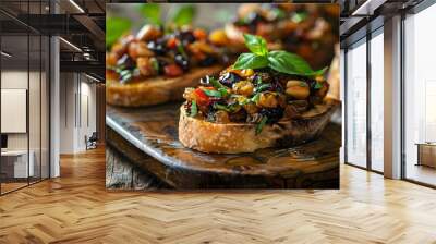 Four slices of toasted bread topped with eggplant, peppers, and olives for a delicious Mediterraneaninspired breakfast or brunch concept. Wall mural