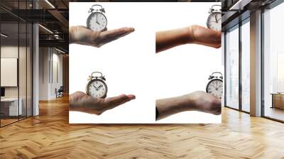 Set of hand holding alarm clock. Vintage watch in a human hand on a transparent  background. Wall mural