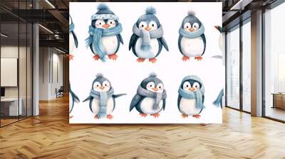 Set of watercolor winter funny penguins isolated on white background Wall mural