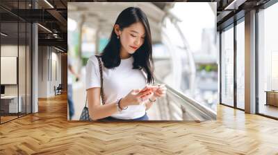 Young adult business asian woman consumer using creadit card and smartphone for shopping online. Wall mural