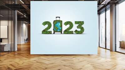 2023 new year World tourism creative 3D concept background. Green travel bag with 2023 new year text. Wall mural