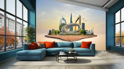 Dubai city on hand 3d concept background. amazing city at sunrise, United Arab Emirates. Wall mural