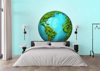 Green World Map- 3D tree or forest shape of world map isolated on white background. World Map Green Planet Earth Day or Environment day Concept. Green earth with electric car. Paris agreement concept. Wall mural