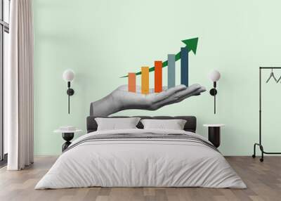 hand holding business increases in the financial graph arrow. Business collage Wall mural