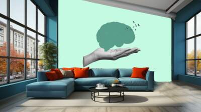 Human hand holding brain with birds. human psychological and emotional stability. Concept of psychology, mental health and feelings. Contemporary art collage.  Wall mural