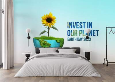 Invest in our planet- World Environment day 3d concept design. Happy Environment day, 05 June. Green earth with sunflower plant isolated on white background.  Wall mural