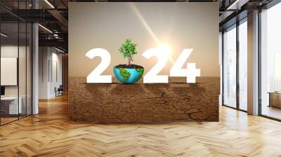 New Year 2024 green recycling and save our planet and earth environment. World water day 2024. Earth day 2024 concept. Wall mural