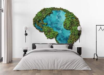 Think Green- human brain is covered with green trees. World environment day and nature conservation day background. Green mental health concept 3d background isolated on white background. Wall mural