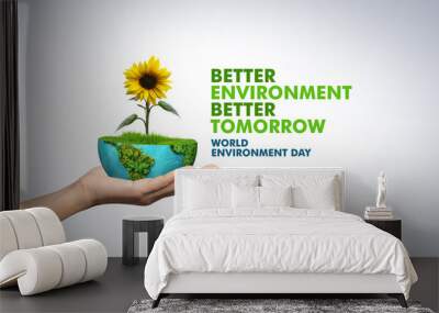 World environment day 2023 3d concept background. Ecology concept. Design with globe map drawing and leaves isolated on white background. Better Environment, Better Tomorrow. Wall mural