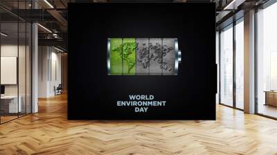 World environment day concept- World/earth battery low for global warming. Earth natural ecosystem are destroying, 3d world battery life decreasing. save nature save life. Wall mural