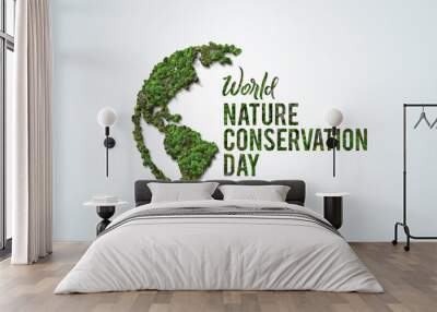 World Nature Conservation Day concept. Green World Map- 3D tree or forest shape of world map isolated on white background. Green Planet Earth Day or Environment day Concept. World Forestry Day. Wall mural