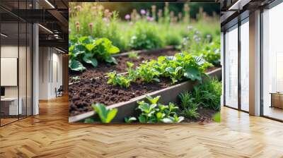 Organic Garden with Raised Beds and Blooming Flowers Wall mural